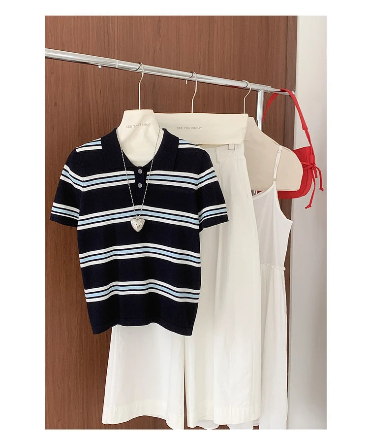 Summer 100% cotton women's T-shirt casual striped knit pullover short sleeved loose POLO collar Tees Pull fashion tops