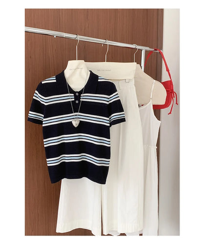 Summer 100% cotton women's T-shirt casual striped knit pullover short sleeved loose POLO collar Tees Pull fashion tops
