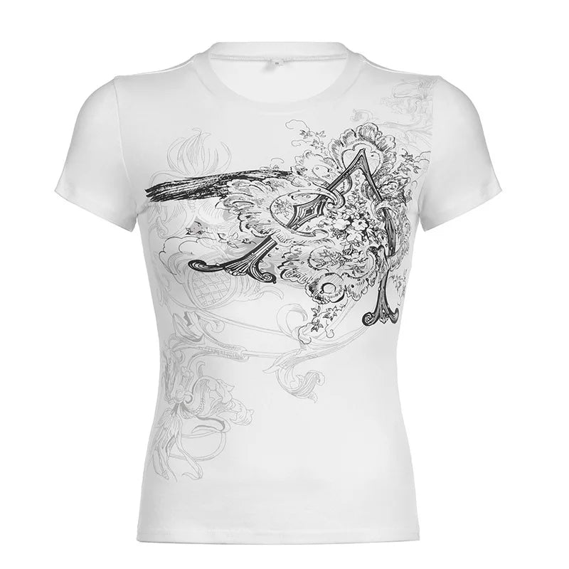 Retro Graphic Crop Top White Short Sleeve O Neck Casual T Shirt for Women y2k Aesthetic Vintage Basic Tees Ladies Clothes