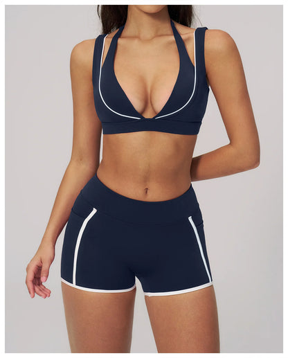 Women Deep V Neck Sports Bra Wide Strap Open V Back Contrast Piping Padded Push Up Gym Workout Top Yoga Bras Activewear Summer