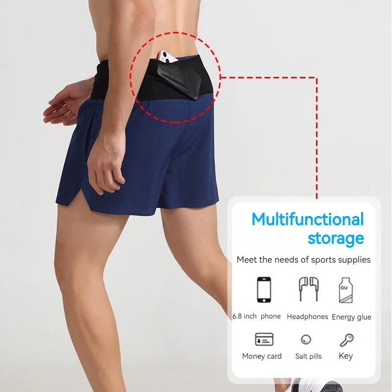 Quick Dry Men Running Shorts Double Layer Sport Shorts With Fanny Pack Multi Pockets
