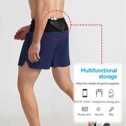 Quick Dry Men Running Shorts Double Layer Sport Shorts With Fanny Pack Multi Pockets