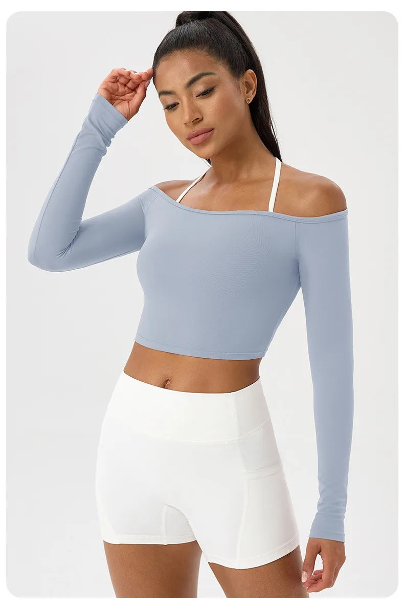 Long Sleeve Yoga T-Shirt for Women, Off Shoulder, Sexy Tight Gym Workout Top, Naked Feeling, Quick Dry Sports Activewear