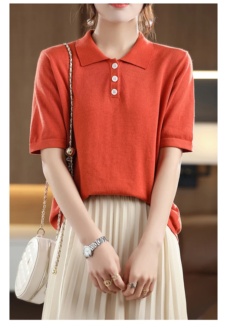 Women's T-shirt Summer 100% Cotton Sweater Short Sleeve Casual Knitted POLO Collar Women's Top Loose Pullover T-shirt Button