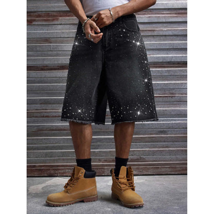Men's Rhinestone Denim Shorts Baggy Raw Hem Jean Shorts Summer Casual Streetwear Y2K Black Washed No Stretch Pants