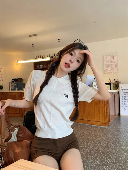 AOSSVIAO Summer New Korean Fashion Slim Polo shirt Knitted Short Sleeve T-shirt Sweet Bow Embroidered Knitted  Women Tops