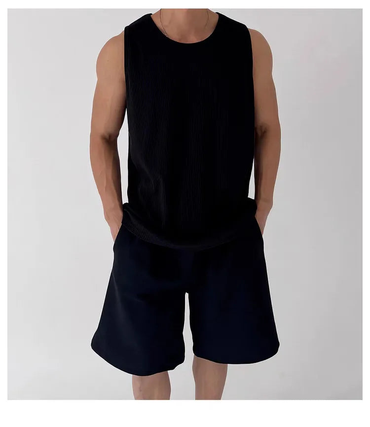 Men's White Ribbed Tank Top Summer Loose Fit Round Neck Gym Workout Sleeveless T-Shirt Sport Breathable Muscle Vest
