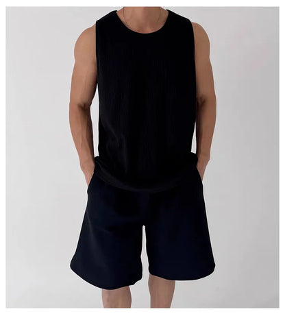 Men's White Ribbed Tank Top Summer Loose Fit Round Neck Gym Workout Sleeveless T-Shirt Sport Breathable Muscle Vest