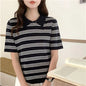Summer women's100% cotton casual striped knitted T-shirt short sleeved loose POLO collar pullover Korean version fashionable top