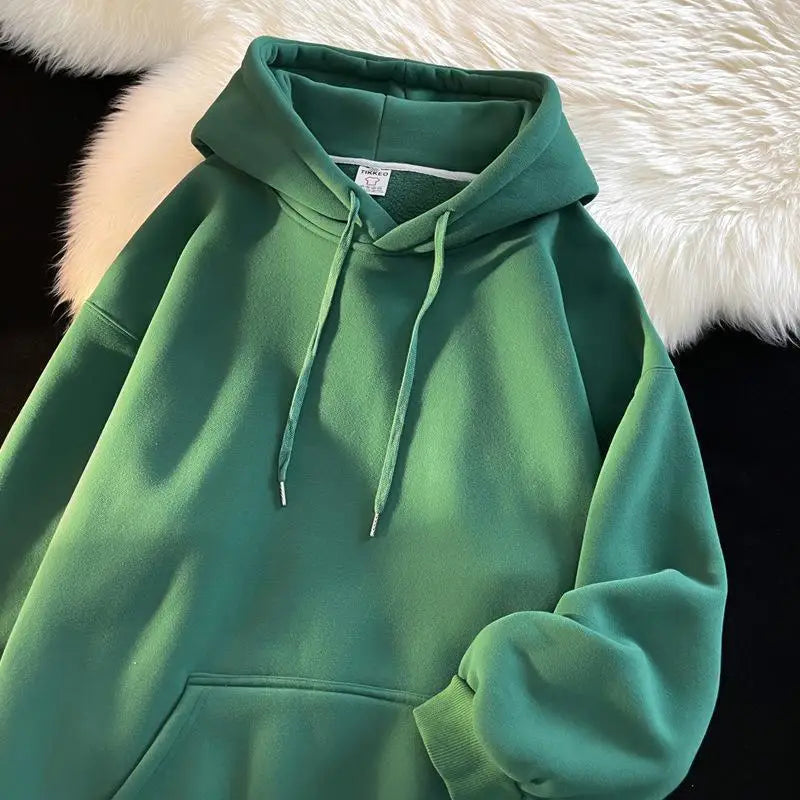 Oversize Hoodie Sweatshirt Pure Color Fleece Lined Couple Style High Quality Green Heavyweight Hooded Jacket for Men And Women