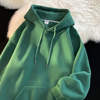 Oversize Hoodie Sweatshirt Pure Color Fleece Lined Couple Style High Quality Green Heavyweight Hooded Jacket for Men And Women