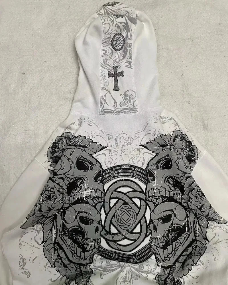 American Vintage Oversized Skull Graphic Zipper Hoodie Men Y2K Harajuku Hip Hop Gothic Couple Casual Joker Sweatshirt Coats