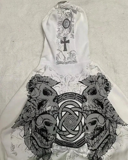 American Vintage Oversized Skull Graphic Zipper Hoodie Men Y2K Harajuku Hip Hop Gothic Couple Casual Joker Sweatshirt Coats