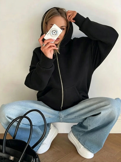 Women Oversized Zip Up Hoodie Solid Black Loose Full Zipper Hooded Sweatshirt Casual Pocket Streetwear Soft Thick Hooded Jacket