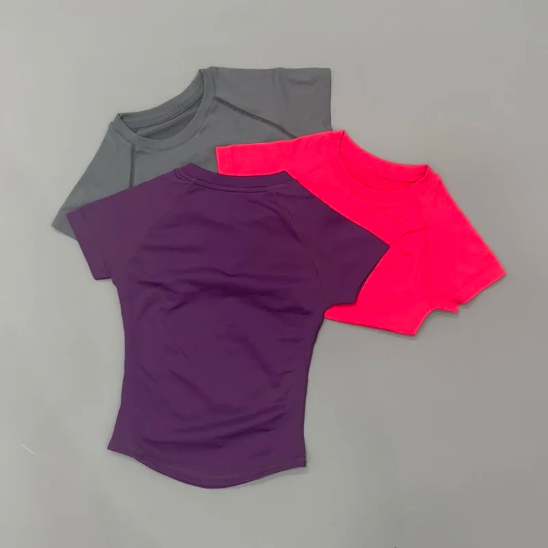 Histello Women Short Sleeve Sports T-Shirt Round Neck Breathable Stretchy Quick Dry Top Yoga Gym Running Fitness Activewear