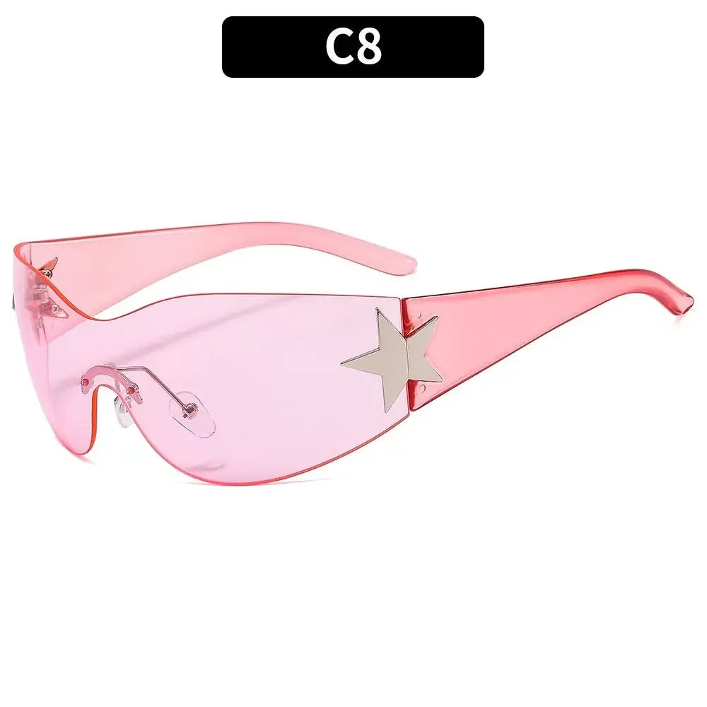 Rimless Punk Sunglasses Goggle Women Men Luxury Brand Wrap Around Sun Glasses Five Star Eyewear Sports One Piece Shades