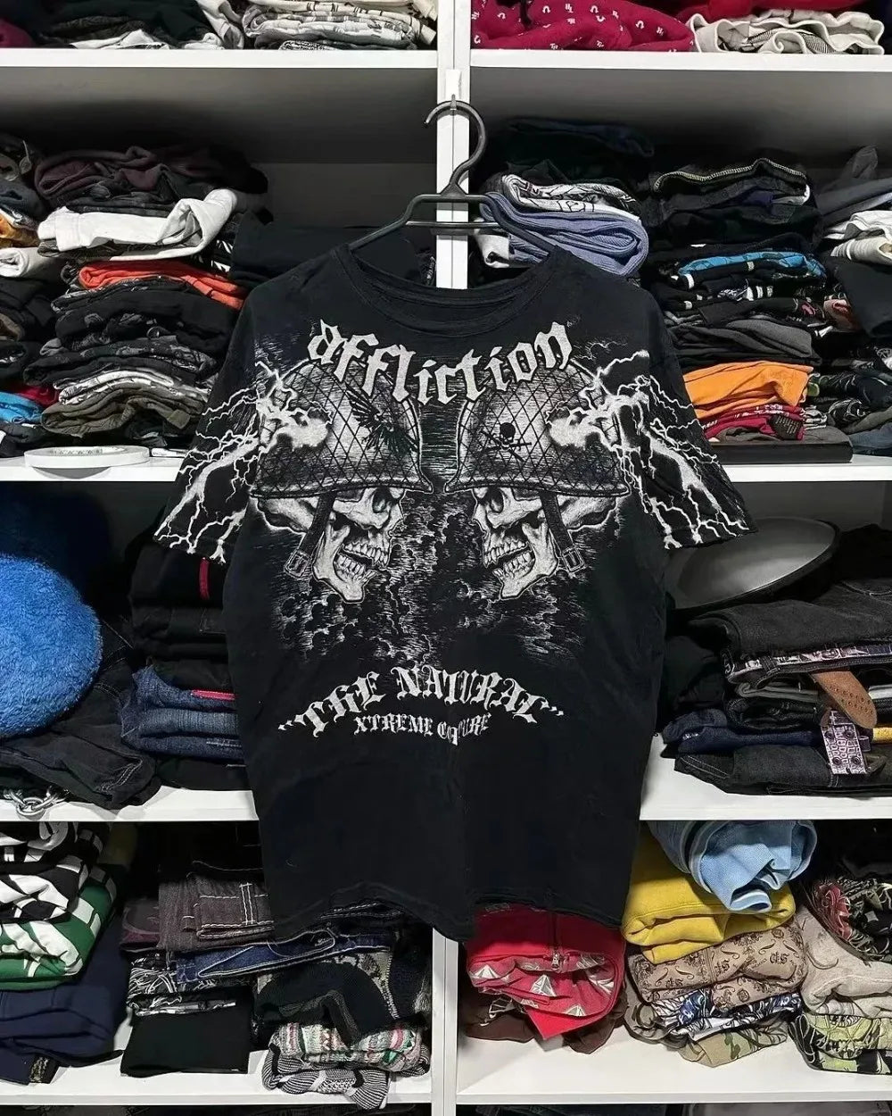 Summer New Men's Breathable Round Neck T-shirt Y2K Retro Clothing Punk Hip Hop Pattern Printed
