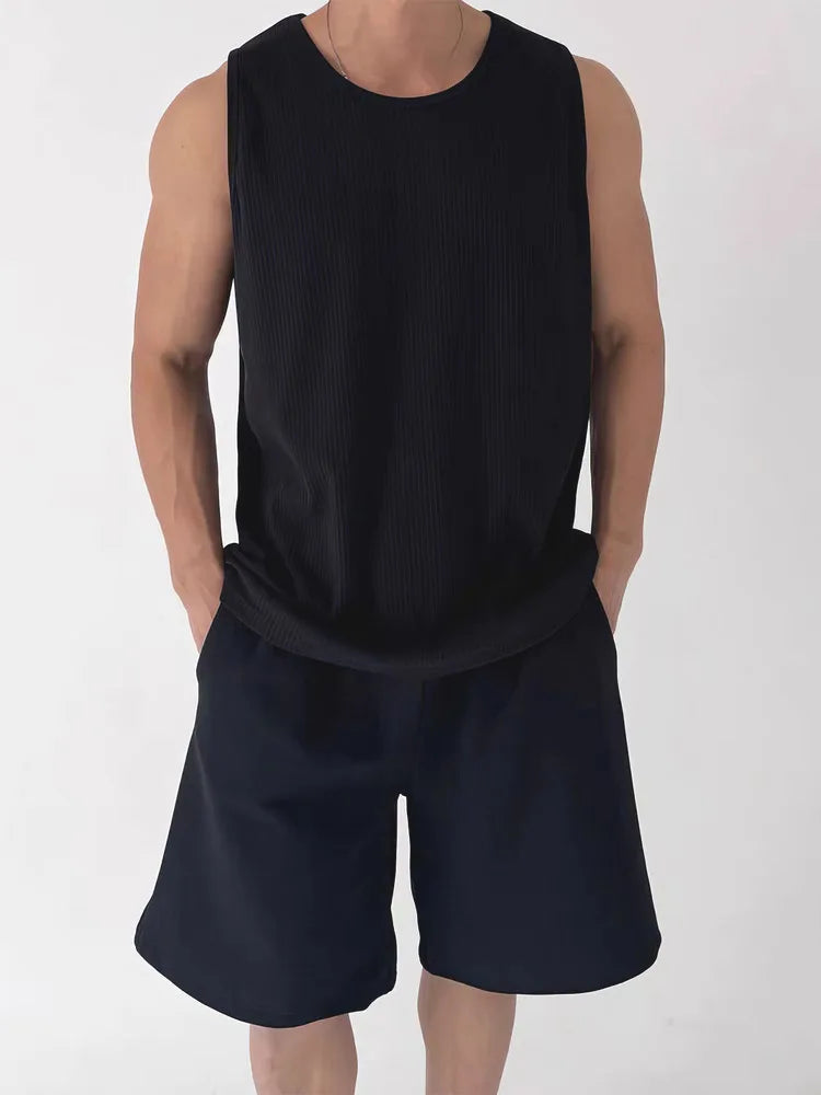 Men's White Ribbed Tank Top Summer Loose Fit Round Neck Gym Workout Sleeveless T-Shirt Sport Breathable Muscle Vest