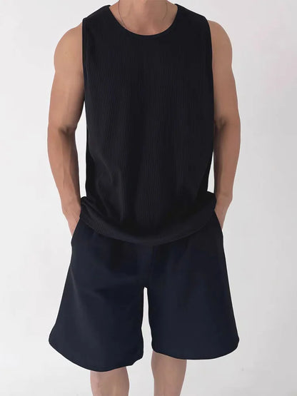 Men's White Ribbed Tank Top Summer Loose Fit Round Neck Gym Workout Sleeveless T-Shirt Sport Breathable Muscle Vest