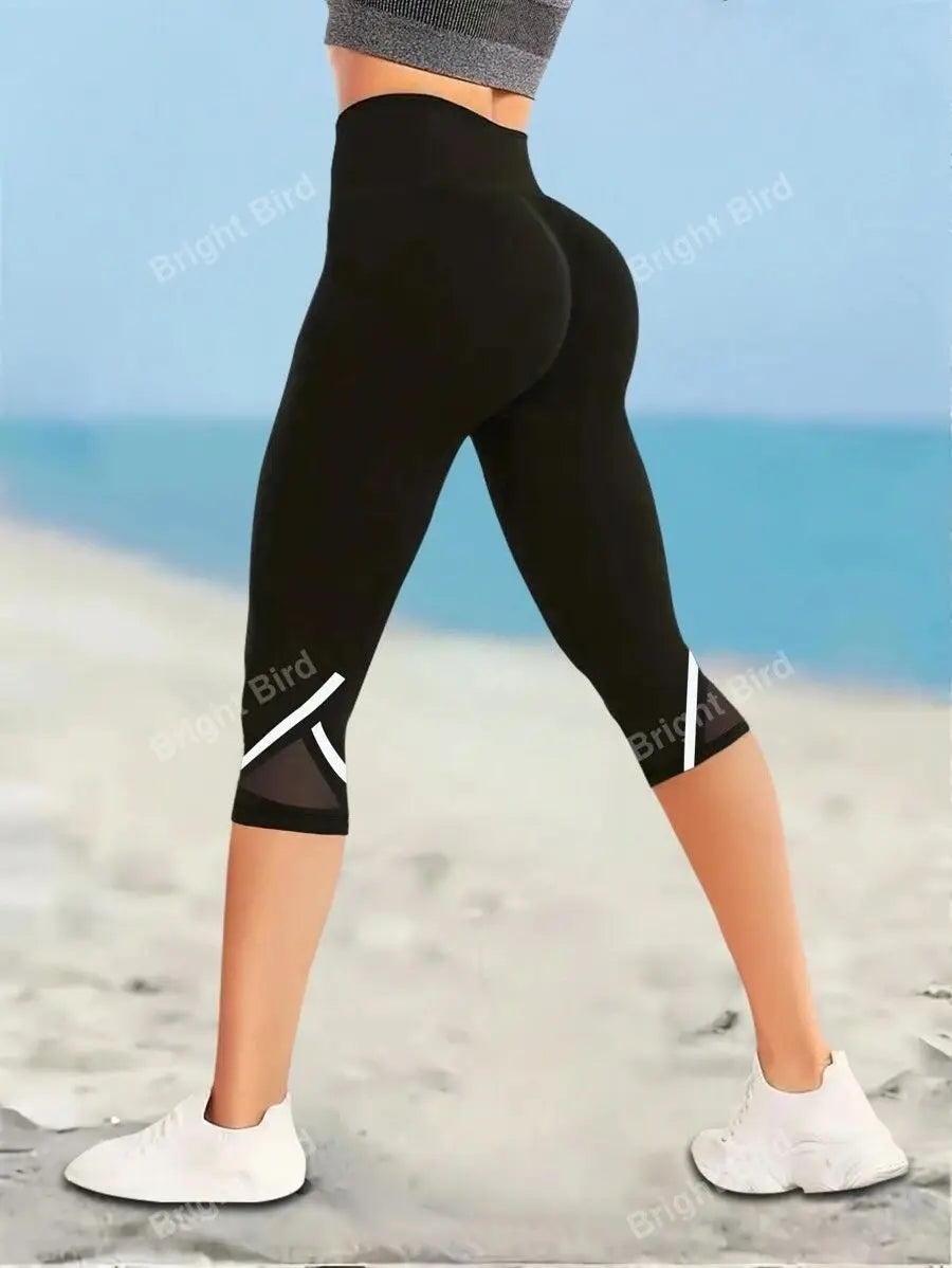Mesh High Waist Yoga Pants Capri Leggings For Women, Tummy Control Workout Capri Leggings, Women's Activewear
