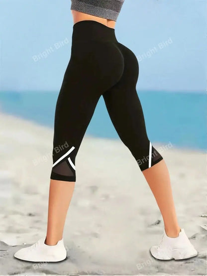 Mesh High Waist Yoga Pants Capri Leggings For Women, Tummy Control Workout Capri Leggings, Women's Activewear