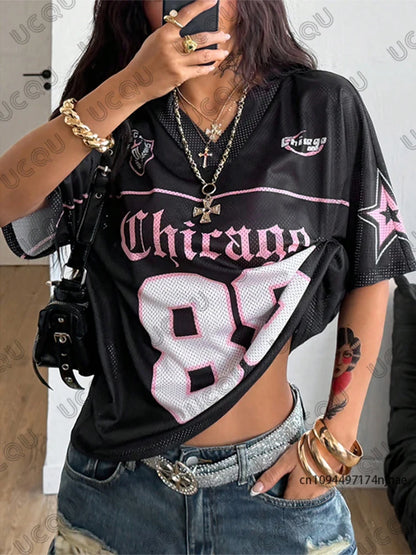 Summer New Chicago No.88 Print T Shirt For Women V-Neck Patchwork Short Sleeve Sports Football Jersey Y2K Loose Oversized Tops