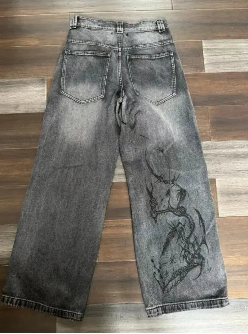 Mens Jeans Y2K Vintage Streetwear Black Gray Wide Leg Denim Pants Abstract Print Washed Distressed Loose Fit Dark Punk Fashion