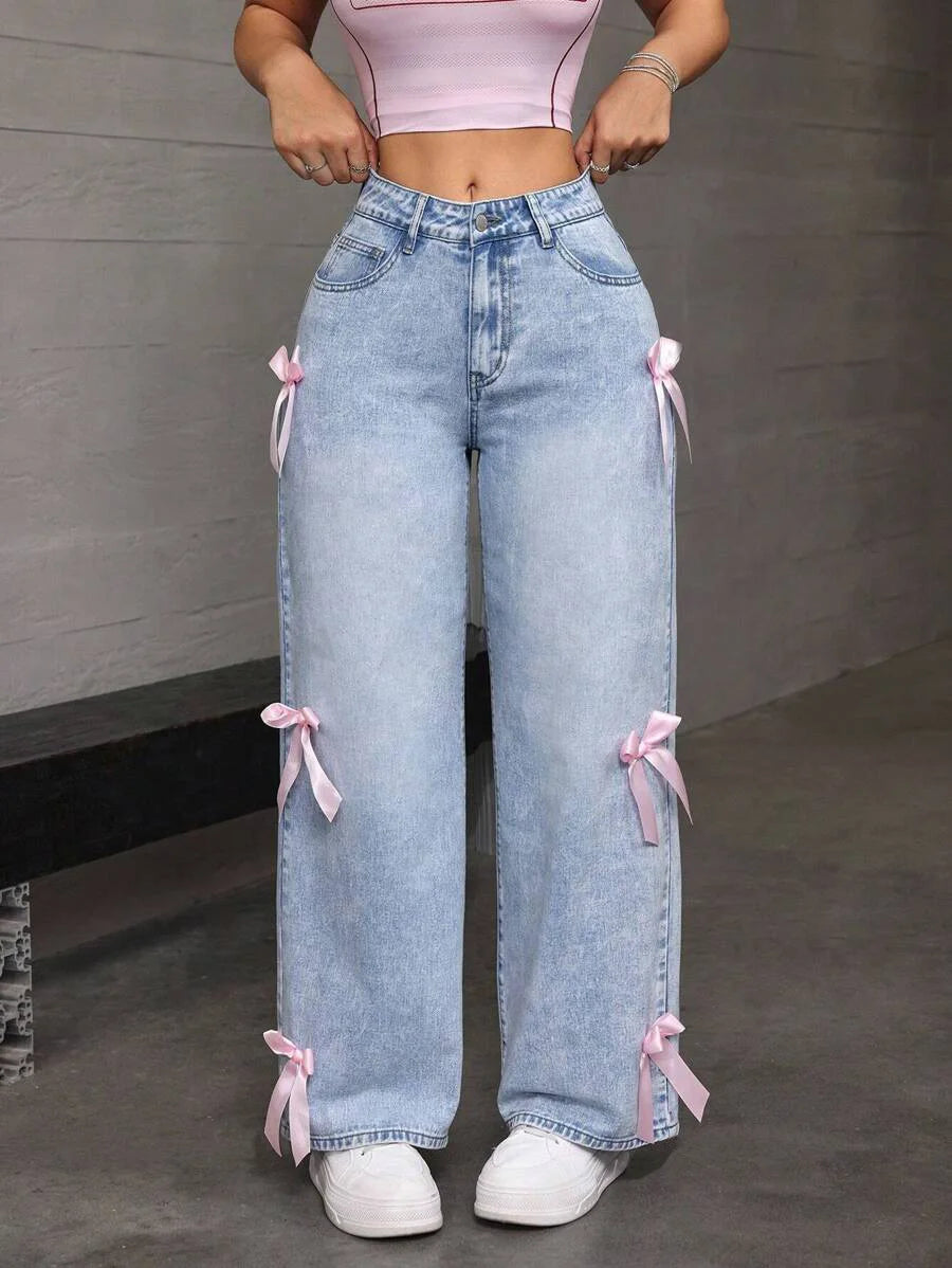Luxury Women's Jeans Street Chic Street Style Bowknot Design Washed Denim Pants Loose Straight Wide Leg Pants For Y2kk