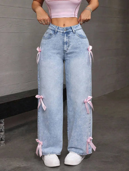 Luxury Women's Jeans Street Chic Street Style Bowknot Design Washed Denim Pants Loose Straight Wide Leg Pants For Y2kk