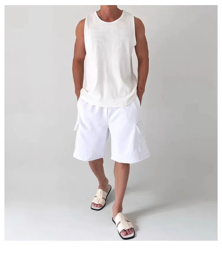 Men's White Ribbed Tank Top Summer Loose Fit Round Neck Gym Workout Sleeveless T-Shirt Sport Breathable Muscle Vest