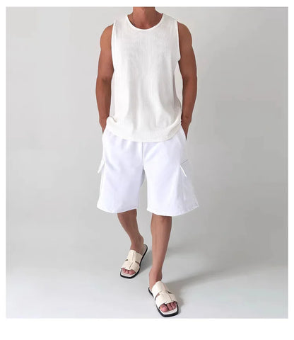 Men's White Ribbed Tank Top Summer Loose Fit Round Neck Gym Workout Sleeveless T-Shirt Sport Breathable Muscle Vest