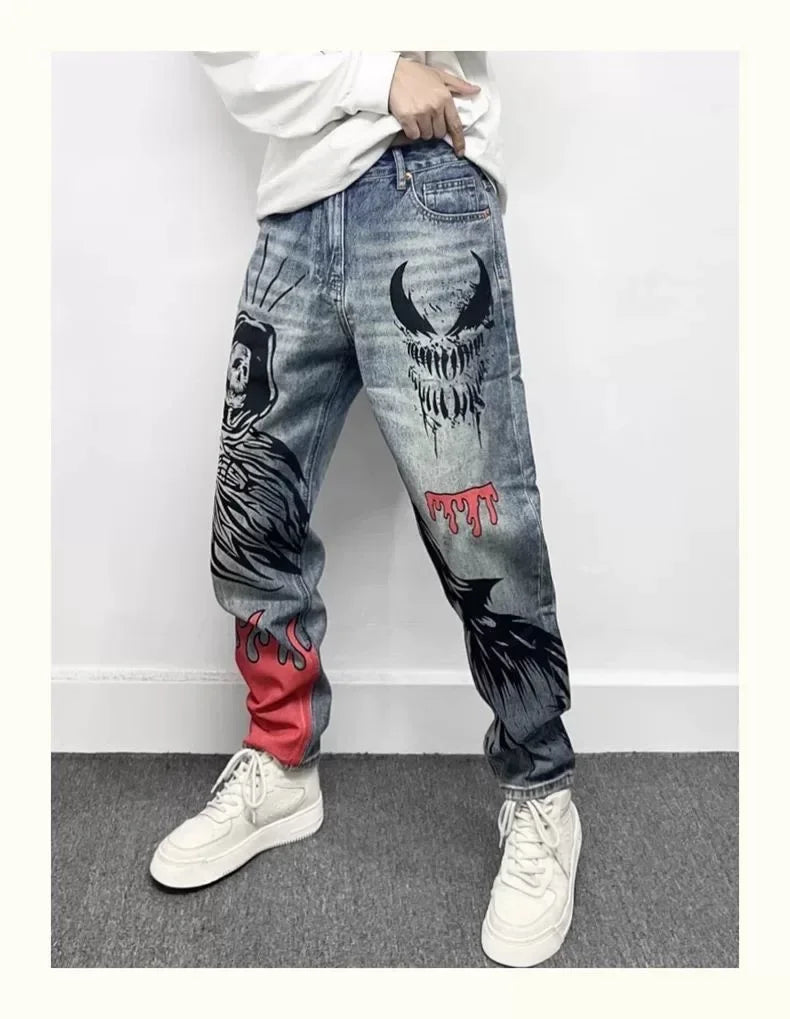 Men's Retro American Street Hip Hop Flame Skull Print Jeans Man High Street Motorcycle Denim Long Pants Baggy Jeans Men Techwear