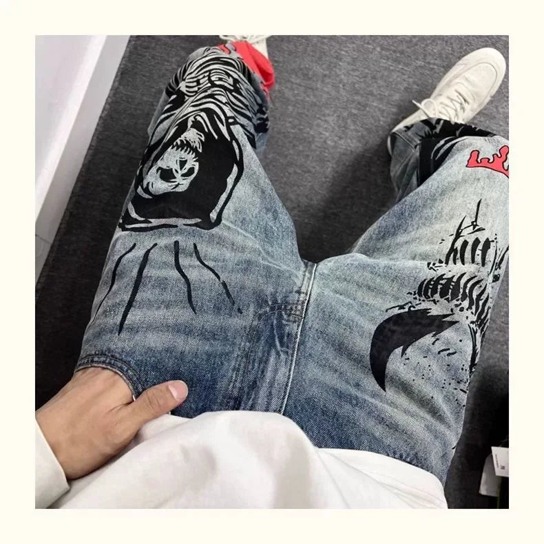 Men's Retro American Street Hip Hop Flame Skull Print Jeans Man High Street Motorcycle Denim Long Pants Baggy Jeans Men Techwear