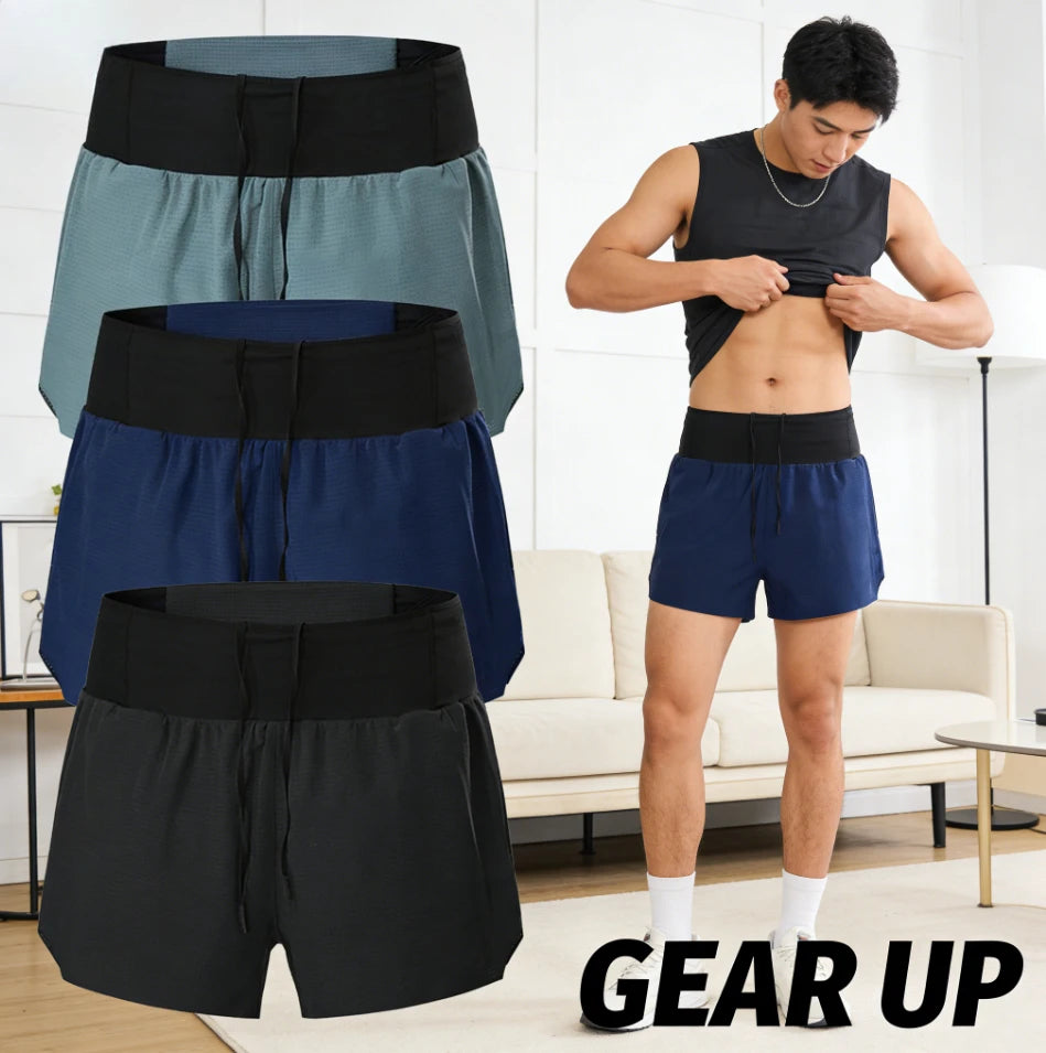 Quick Dry Men Running Shorts Double Layer Sport Shorts With Fanny Pack Multi Pockets
