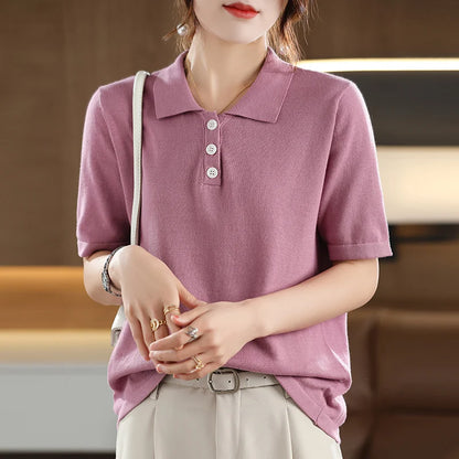Women's T-shirt Summer 100% Cotton Sweater Short Sleeve Casual Knitted POLO Collar Women's Top Loose Pullover T-shirt Button