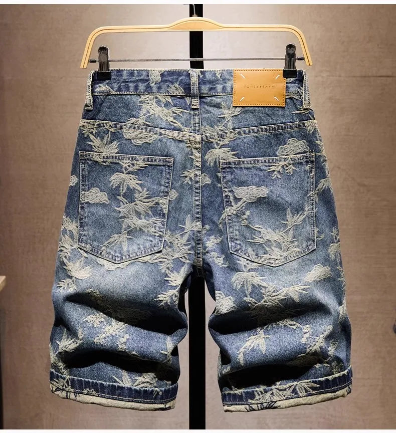 Jacquard Denim Shorts Chinese Style Straight Five-Point Pants Trendy Mid-Length Jeans New Fashion Tide Summer
