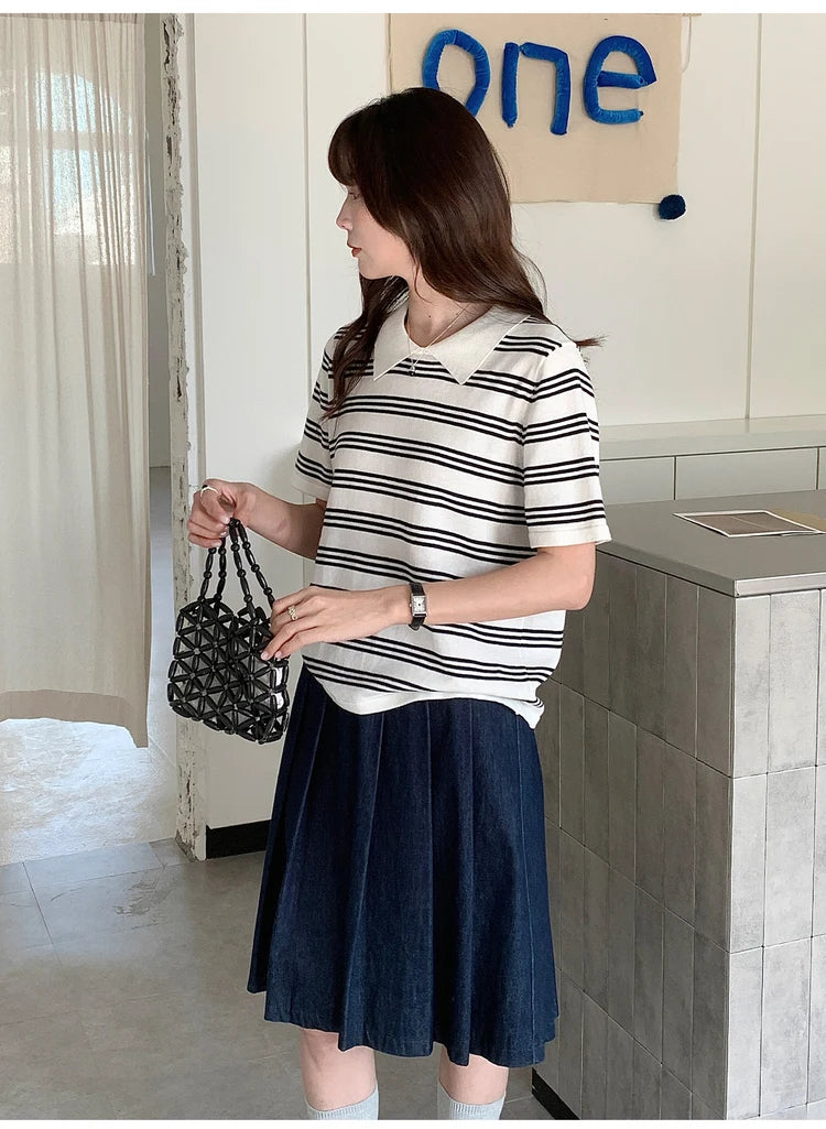 Summer women's100% cotton casual striped knitted T-shirt short sleeved loose POLO collar pullover Korean version fashionable top