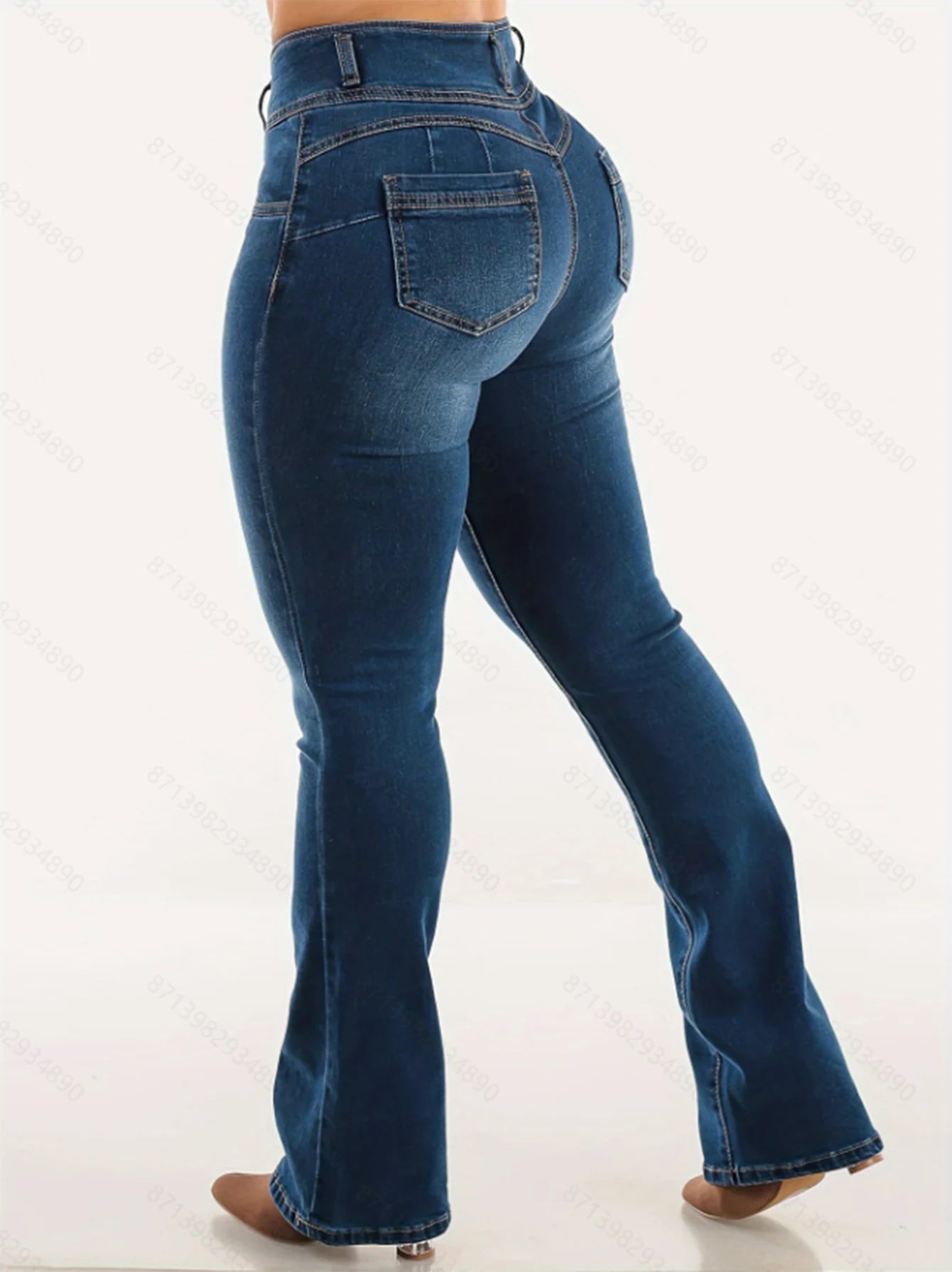Buttoned zipper opening washable blue high-waisted slimming buttocks-enhancing stylish and sexy mini-flared denim pants