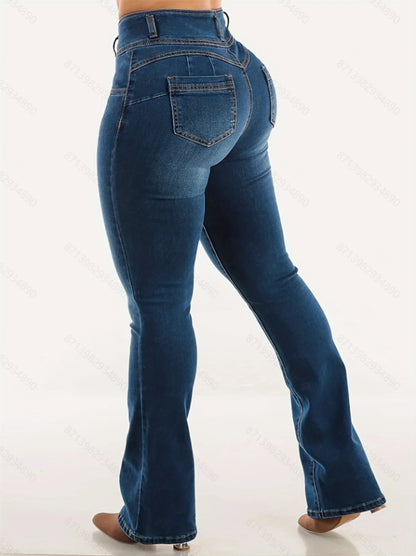 Buttoned zipper opening washable blue high-waisted slimming buttocks-enhancing stylish and sexy mini-flared denim pants