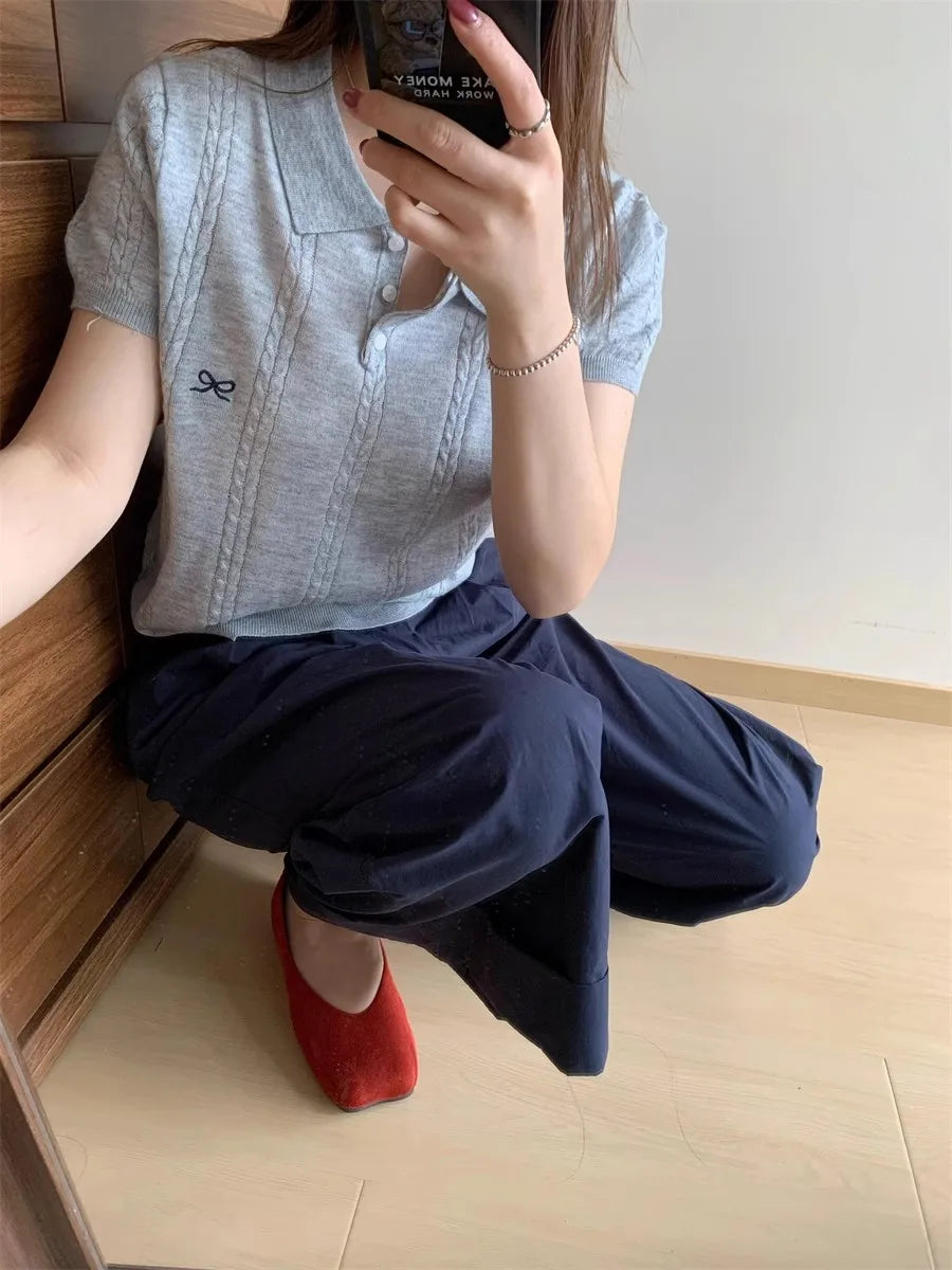 AOSSVIAO Summer New Korean Fashion Slim Polo shirt Knitted Short Sleeve T-shirt Sweet Bow Embroidered Knitted  Women Tops