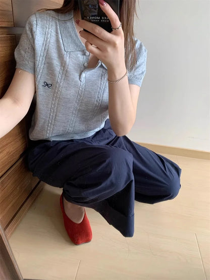 AOSSVIAO Summer New Korean Fashion Slim Polo shirt Knitted Short Sleeve T-shirt Sweet Bow Embroidered Knitted  Women Tops