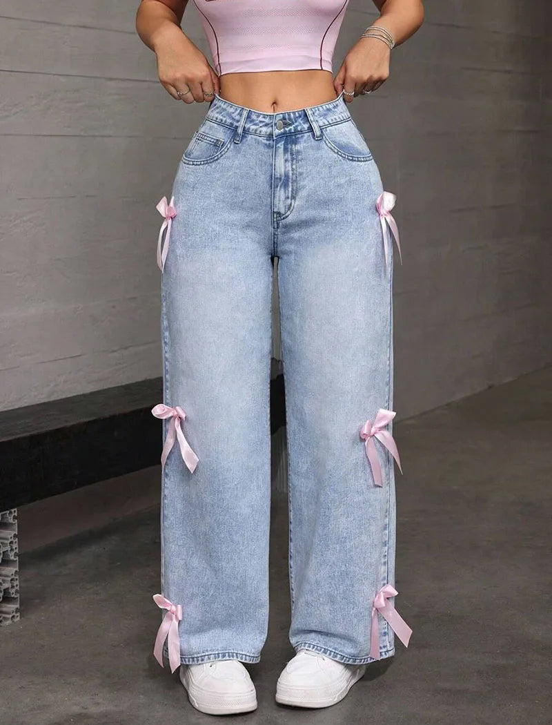 Luxury Women's Jeans Street Chic Street Style Bowknot Design Washed Denim Pants Loose Straight Wide Leg Pants For Y2kk