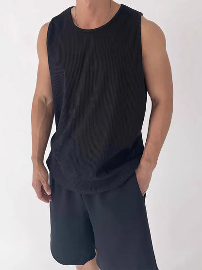 Men's White Ribbed Tank Top Summer Loose Fit Round Neck Gym Workout Sleeveless T-Shirt Sport Breathable Muscle Vest