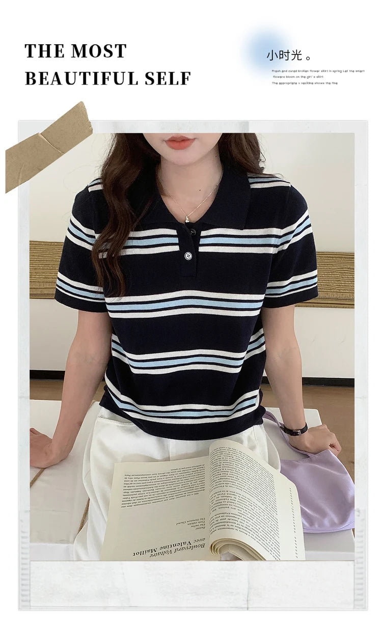 Summer 100% cotton women's T-shirt casual striped knit pullover short sleeved loose POLO collar Tees Pull fashion tops