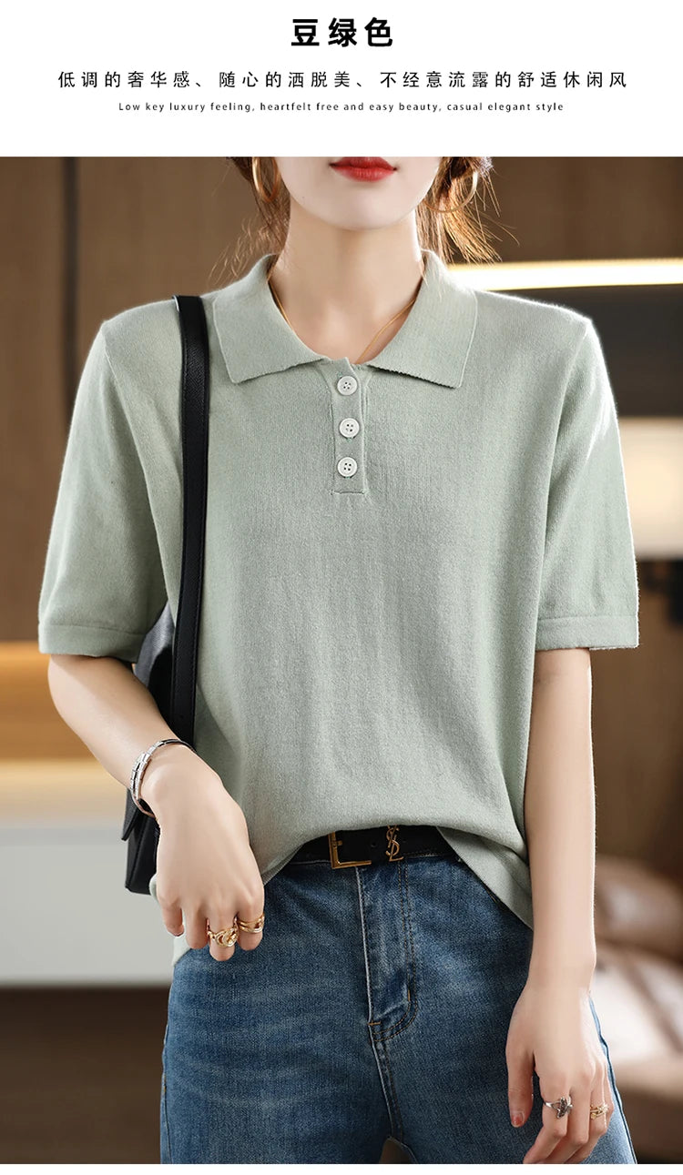 Women's T-shirt Summer 100% Cotton Sweater Short Sleeve Casual Knitted POLO Collar Women's Top Loose Pullover T-shirt Button