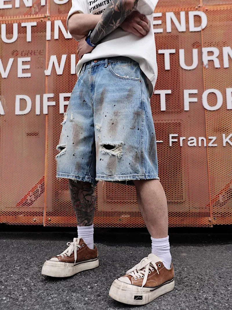 Men's Distressed Denim Shorts Heavyweight Summer Streetwear Loose Fit Fashion Five-Pocket Style European American Design
