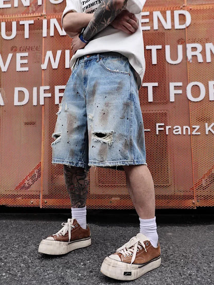 Men's Distressed Denim Shorts Heavyweight Summer Streetwear Loose Fit Fashion Five-Pocket Style European American Design