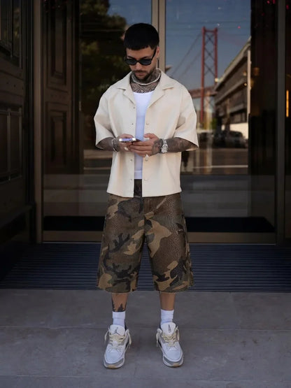 Retro Men Python Patterned Jeans High Street Straight Leg Baggy Wide Leg Camouflage Five Quarter Jeans Hip Hop Rock Unisex Jeans