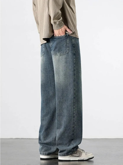 American Retro Straight Jeans Men Streetwear Loose Baggy Wide Leg Denim Pants Male Casual Trousers