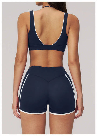 Women Deep V Neck Sports Bra Wide Strap Open V Back Contrast Piping Padded Push Up Gym Workout Top Yoga Bras Activewear Summer